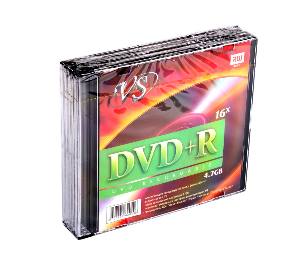 Диск VS DVD+R 4,7 GB 16x Slim, 5шт