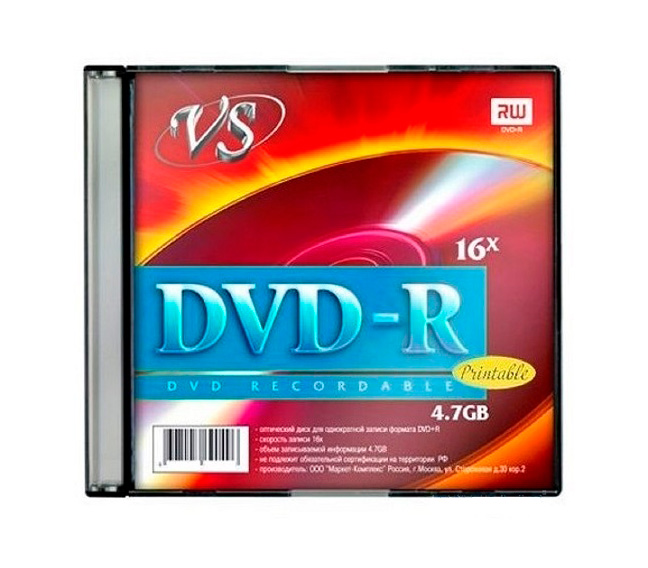 Диск VS DVD-R 4,7 GB 16x Slim Ink Print, 5шт
