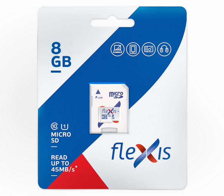 Карта памяти Flexis microSDHC 8GB UHS-I Class 10 U1, с адаптером