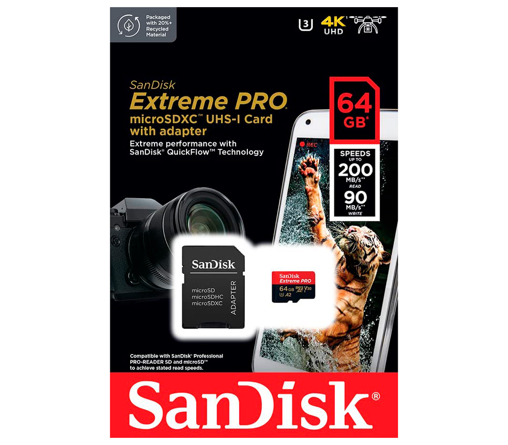 Карта памяти SanDisk MicroSDXC 64GB Extreme PRO A2 C10 V30 UHS-I U3 200/90 МБ/с, с адаптером