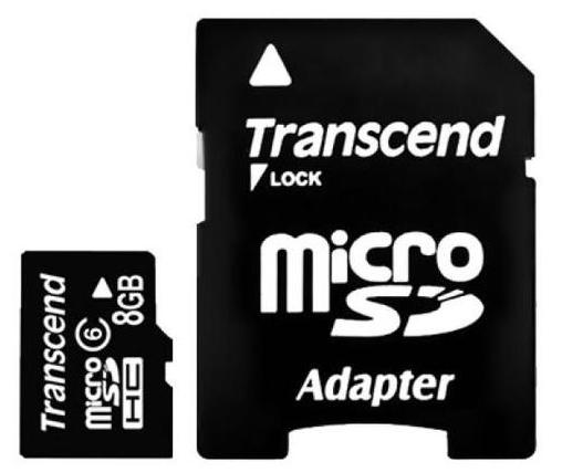 Карта памяти Transcend MicroSDHC 8GB  Class6 + SD адаптер (TS8GUSDHC6)