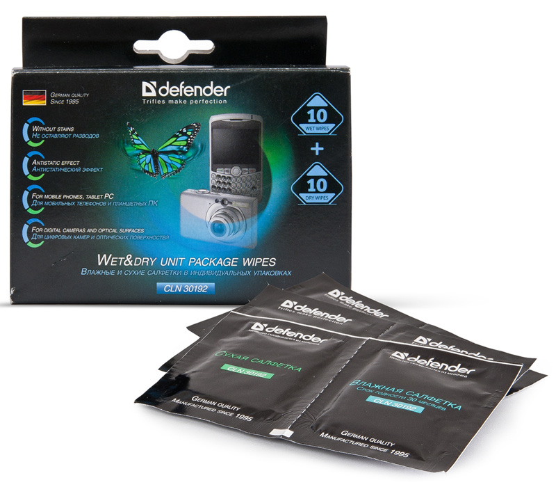 Салфетки для экранов и оптики Defender Pro 10 пар (сухая + влажная) от Яркий Фотомаркет