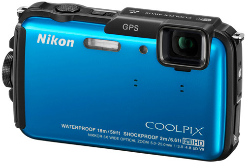 Nikon Coolpix AW110 синий вид спереди-сбоку